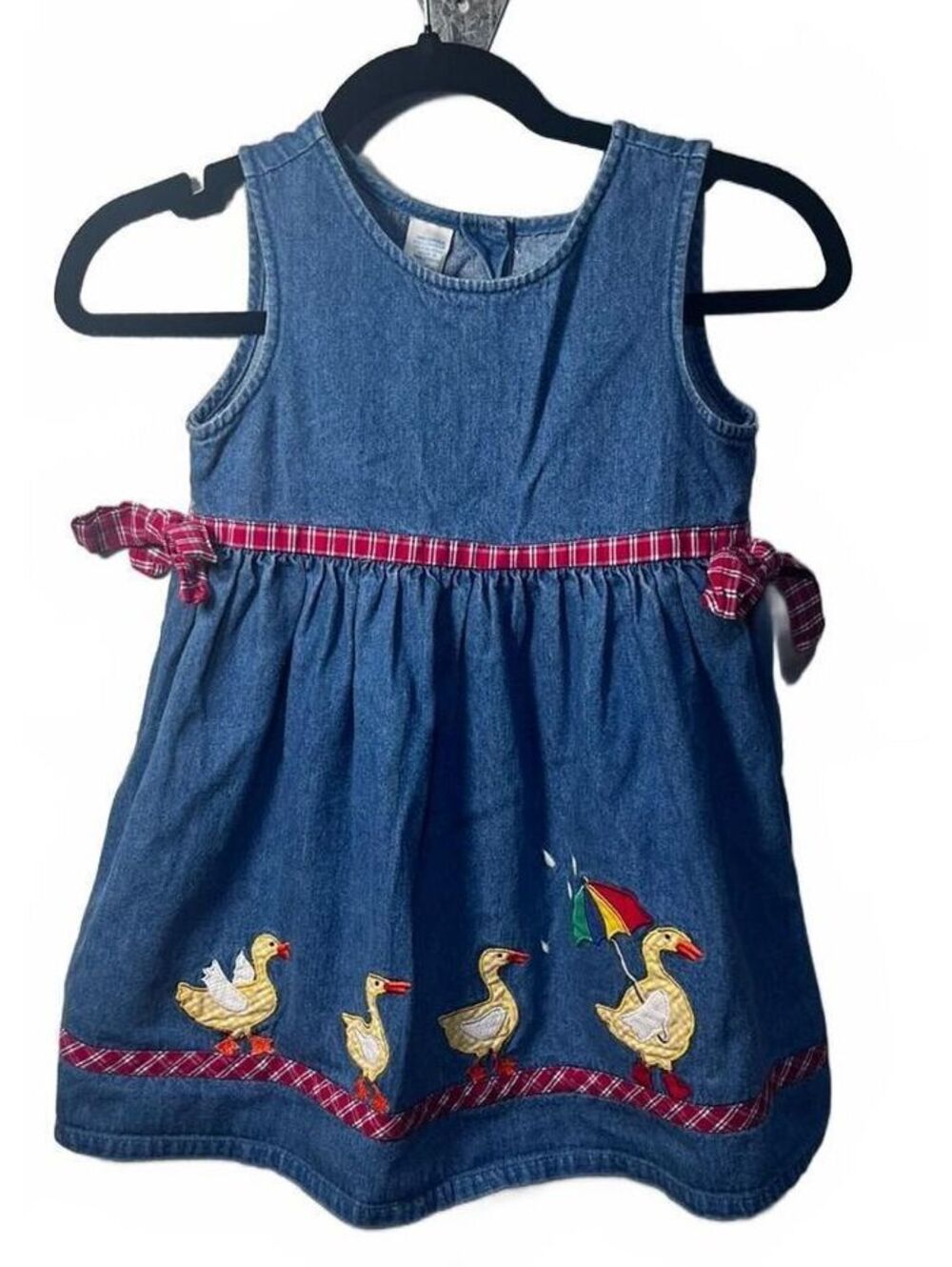 Charming Vintage Cottagecore Girls Embroidered Denim Duck Dress - Size 5